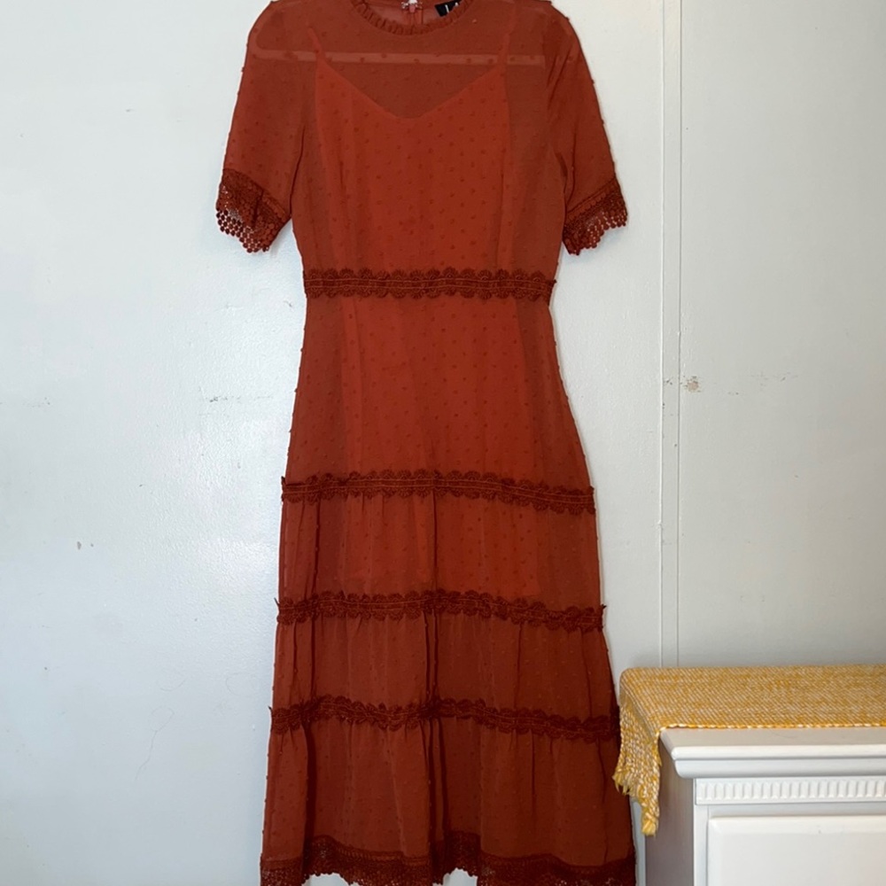 Lulu's Orange Tiered Ruffled Midi Dress